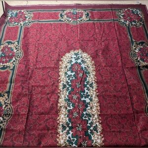 Vintage Oblong Red 115"x 62" Tablecloth Poinsettias Holly Christmas Holiday New